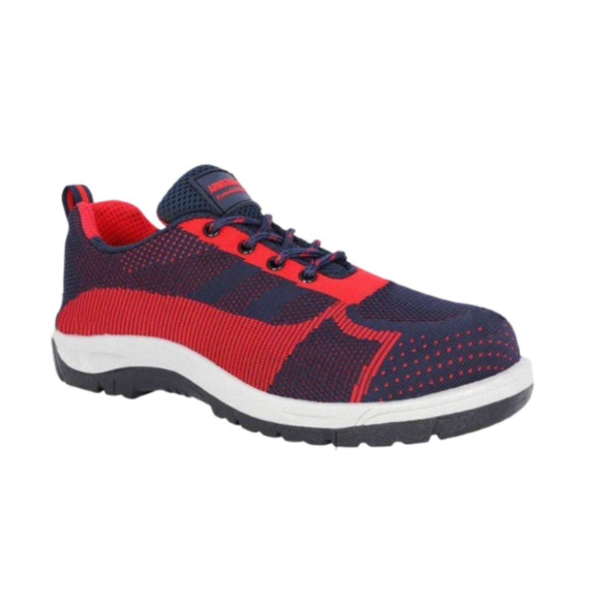 Armstrong CMG low ankle safety shoes in red and blue with slip-resistant sole and SBP standard certification
