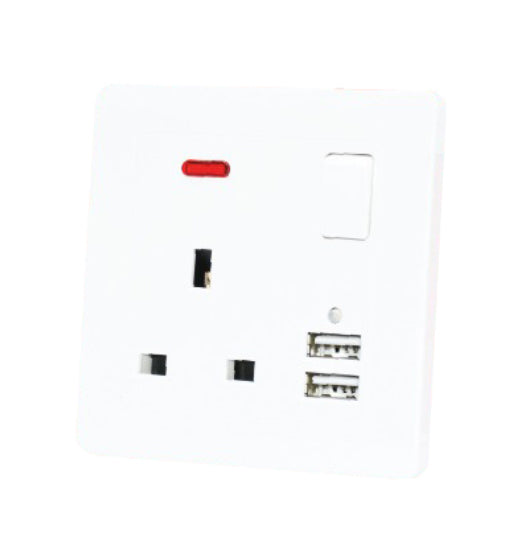 Switch socket 13A 3 pin with 2 USB ports and neon indicator for household and commercial use