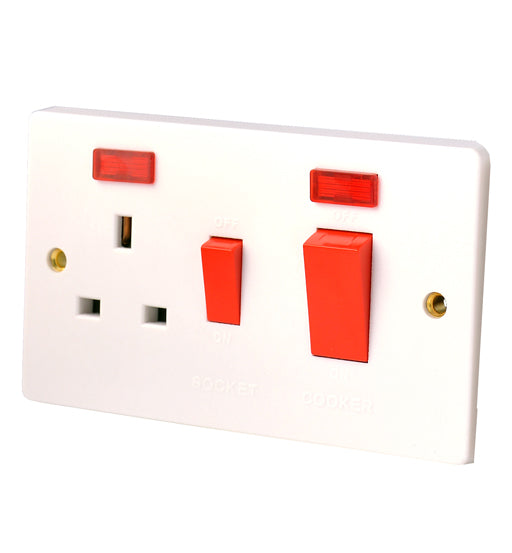 Blit - Switch DP 1 gang 45 AMP and 13 AMP switch socket in white with red switches for household and industrial use