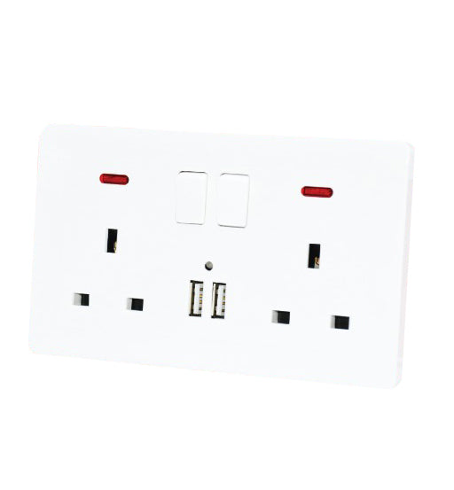 Switch socket 13A 2G 3-pin with 2 USB ports and neon indicators in white for household and industrial use