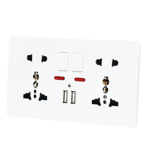Switch Socket 13A 2G 5Pin with 2 USB ports and neon indicator in white for household and industrial use
