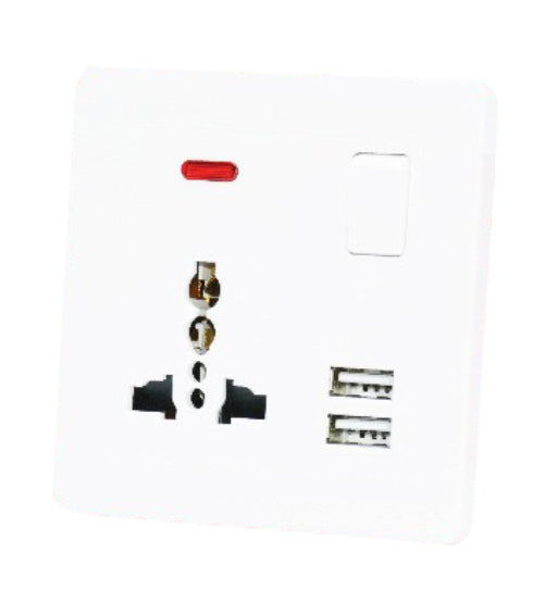White 13A switch socket with 3-pin outlet, 2 USB ports, and red neon indicator light