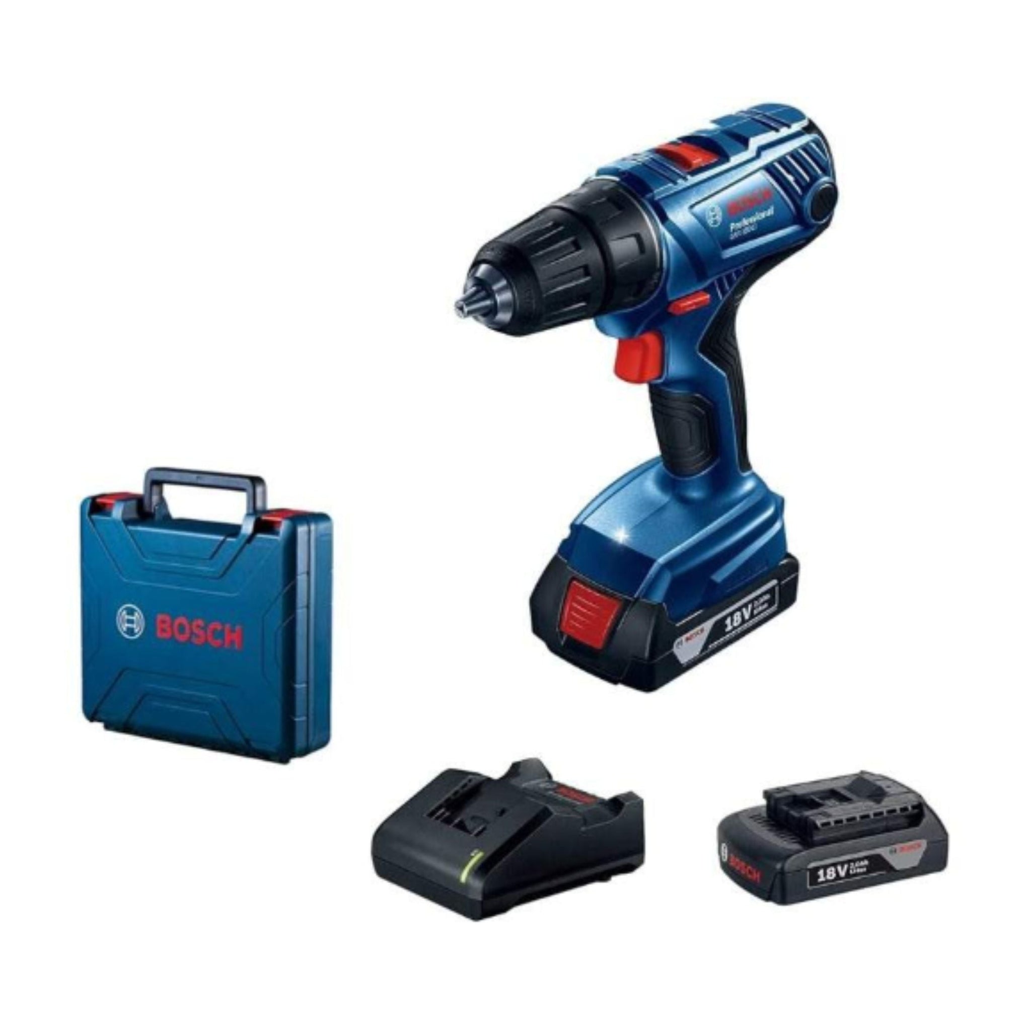 Bosch 18V cordless drill driver with 2.0Ah battery, charger, and carrying case
