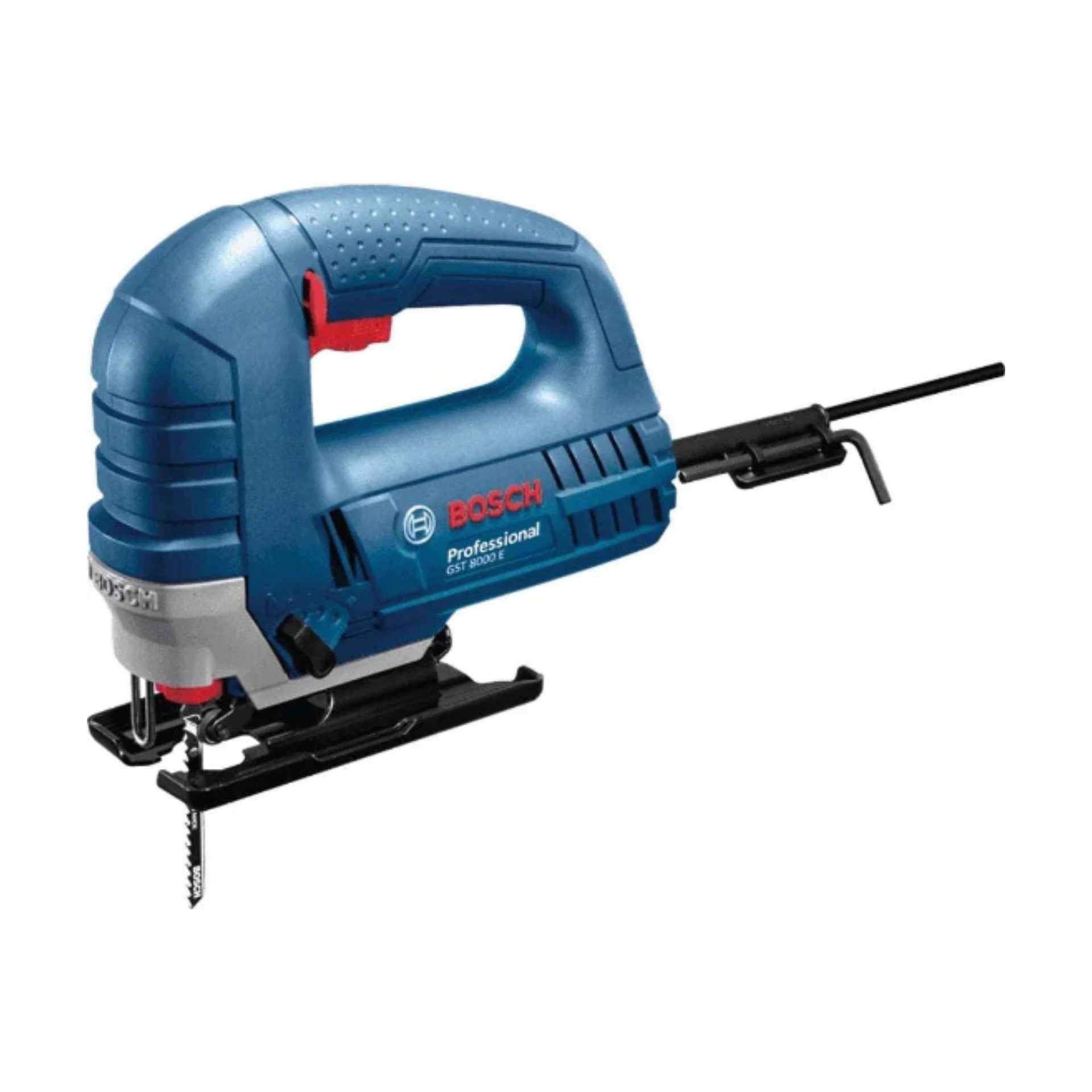 Bosch GST 8000 E professional jigsaw with 710W motor, ergonomic grip, and tool-free blade change for precise cutting.