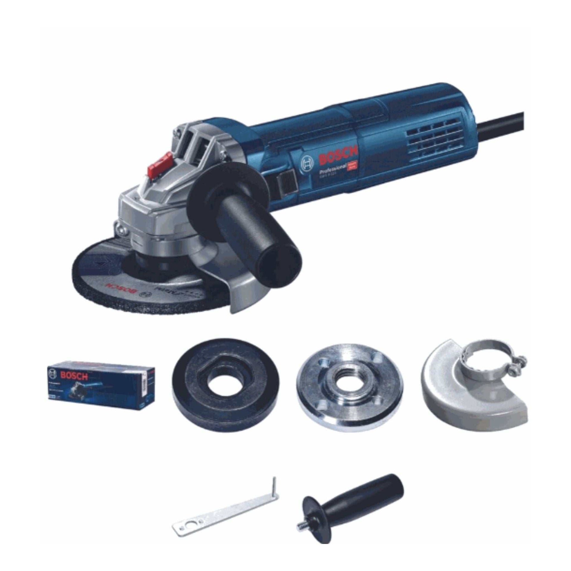 Bosch GWS 9-115 4.5-inch 900W professional angle grinder with accessories, compact and lightweight tool for cutting and grinding.
