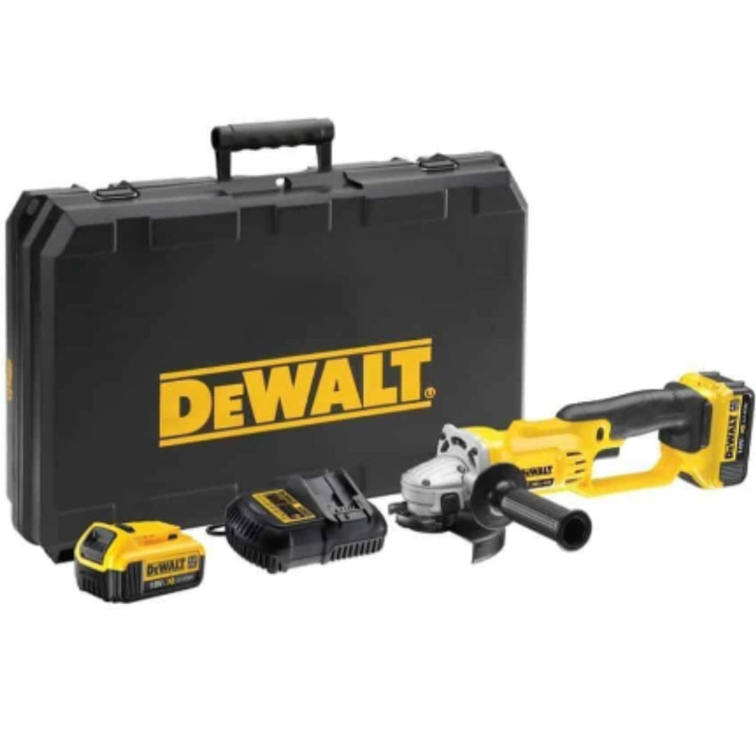 Dewalt DCG412M2-GB 18V 5 In. Cordless Angle Grinder (125mm), Trigger Switch, with 2 x 4.0 Ah Li-Ion Batteries, Side Handle, Guard, Inner and Outer Flanges, Charger and Kitbox