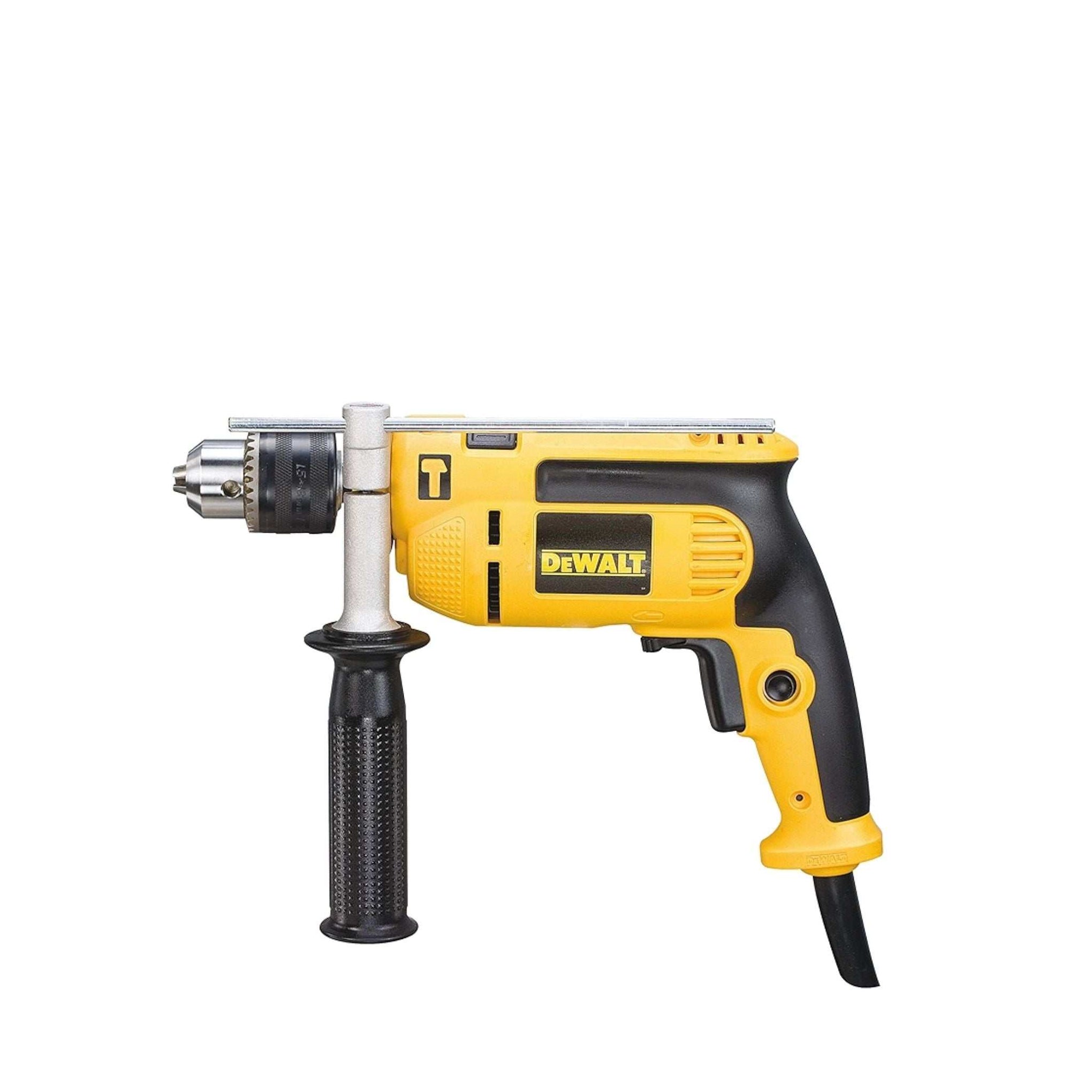 Dewalt 750W 110V Percussion Drill with 13mm chuck, 2800rpm speed, ergonomic design, and multi-material capability.