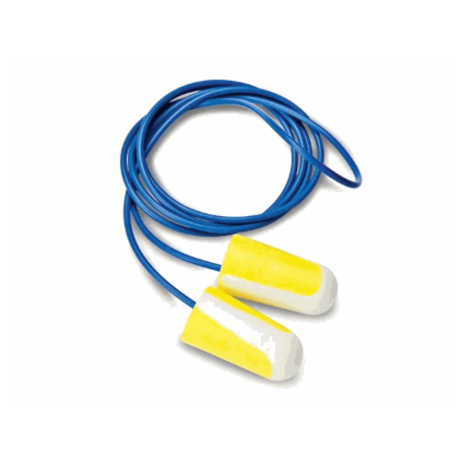 Bilsom 304L-IB corded disposable foam earplugs with yellow and white tips for ear protection SNR 24 dB NRR 29 dB