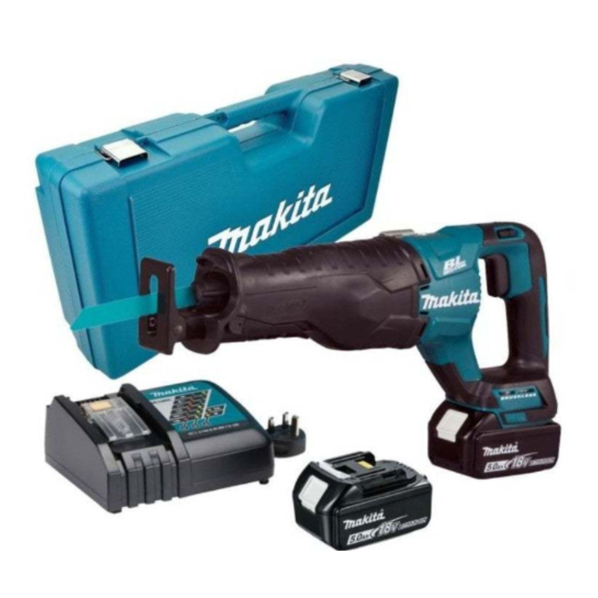 Makita DJR187RTE 18V LXT brushless reciprocating saw kit with case, two batteries, and charger