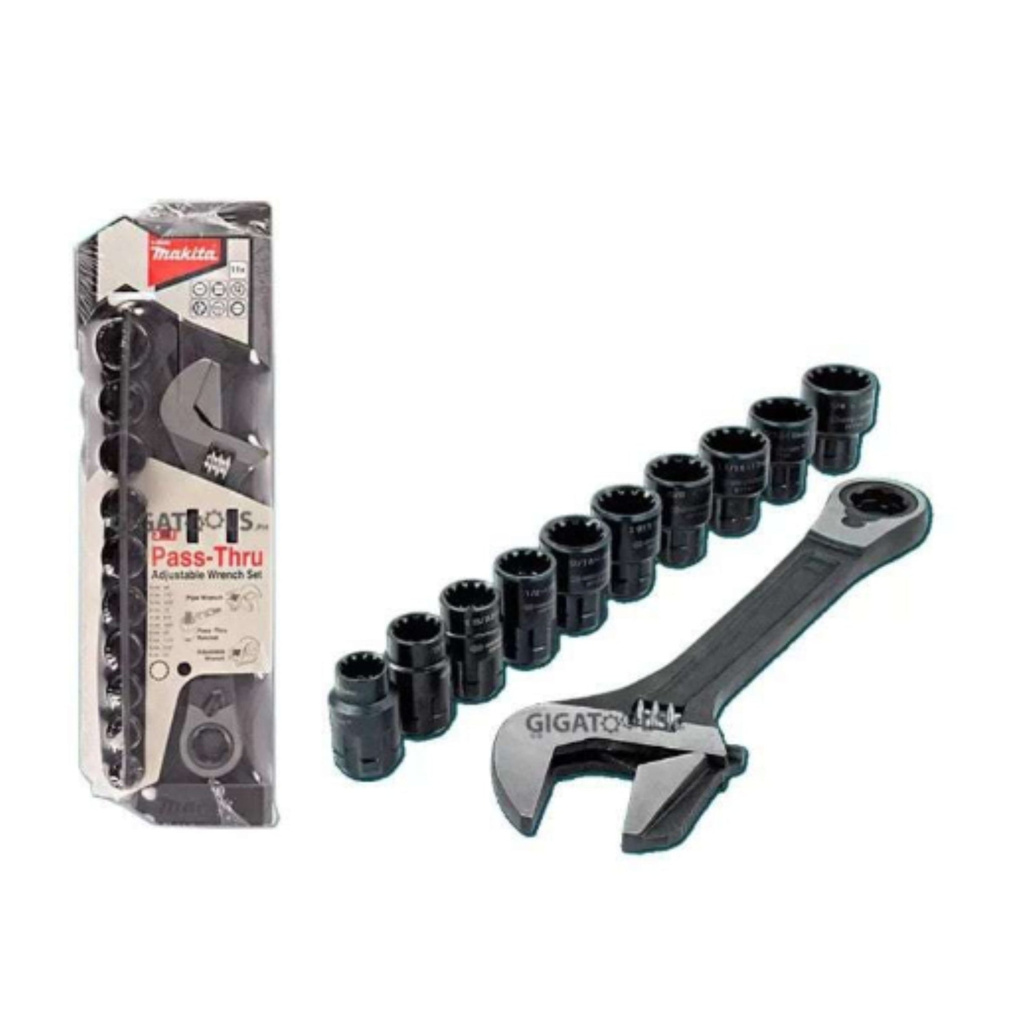 Makita Pass Thru Adjustable Wrench 3/8" 11-piece socket set with pass-through design and durable sockets