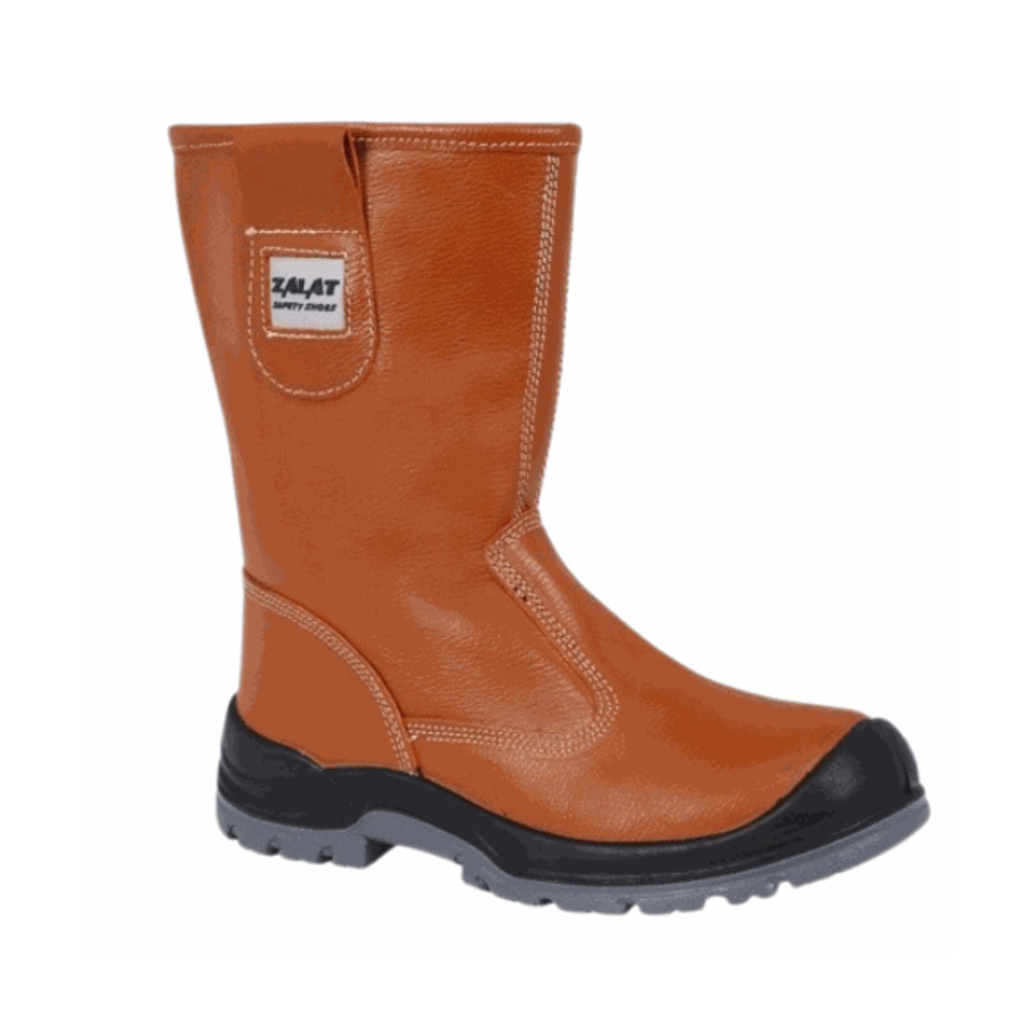 Tan Zalat RDM steel toe work boots with durable leather and slip-resistant sole for welding and construction safety