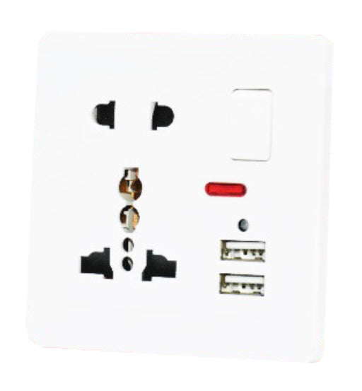 Blit 13A switch socket with 5-pin, dual USB ports, and neon indicator in white for household and industrial use