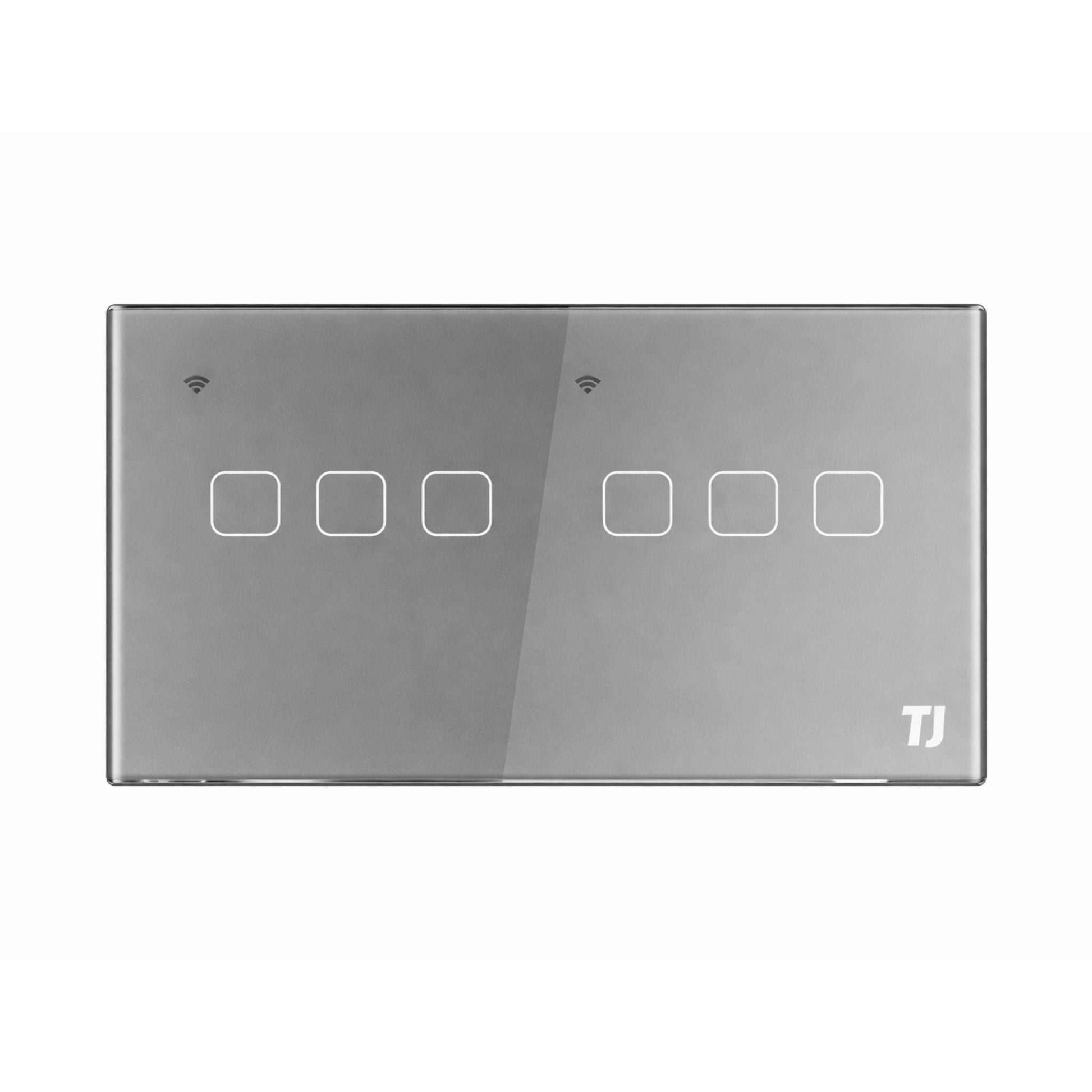 grey 6 gang smart switch with touch control and wifi connectivity by TJ Switches