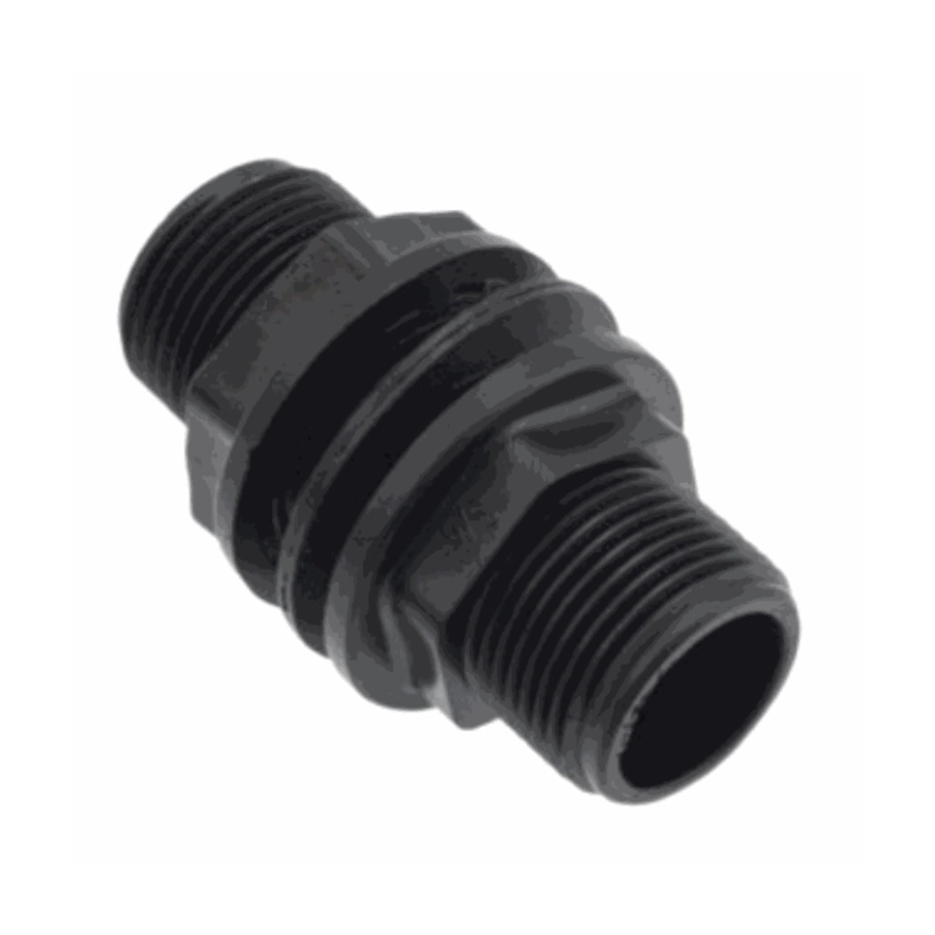 Black PVC tank connector with male threaded ends for leak-proof plumbing connections