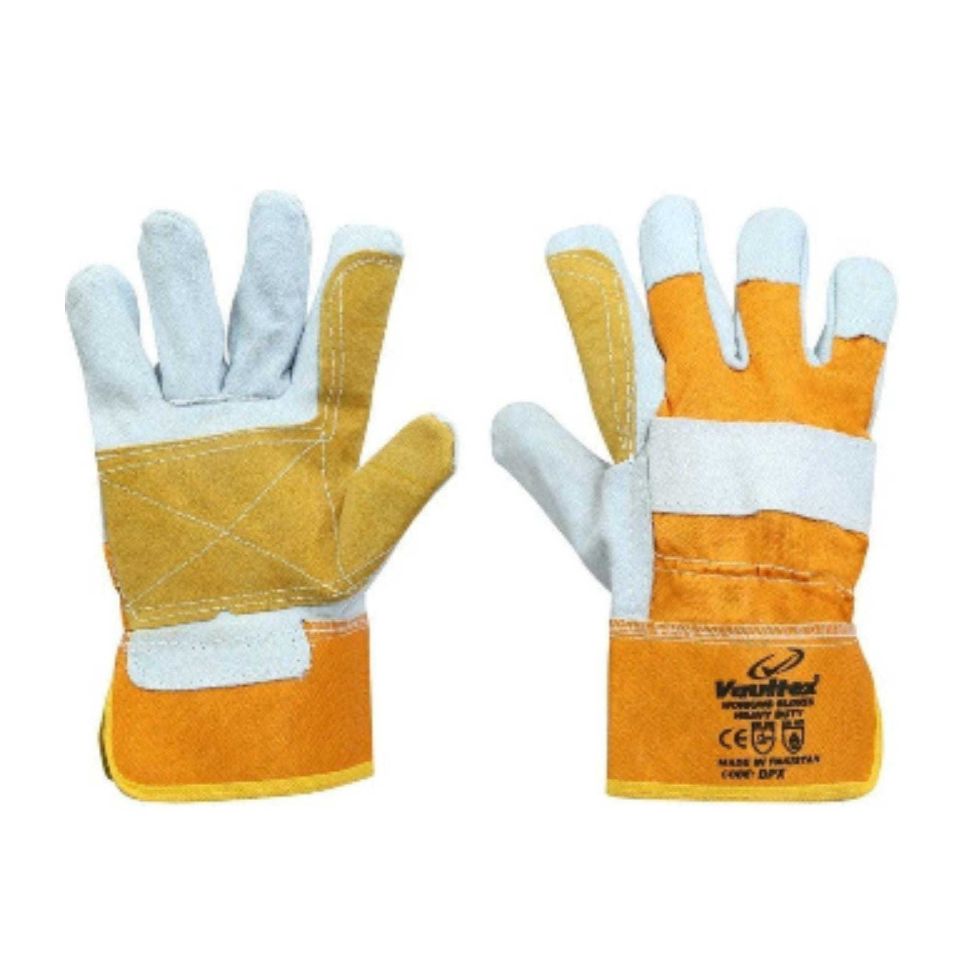 Vaultex DPX double palm grey yellow leather gloves for industrial and construction use