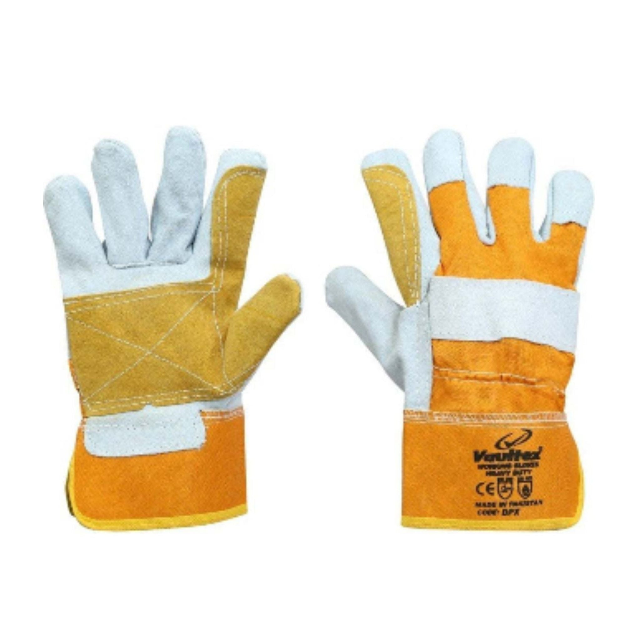 Vaultex DPX double palm grey yellow leather gloves for industrial and construction use