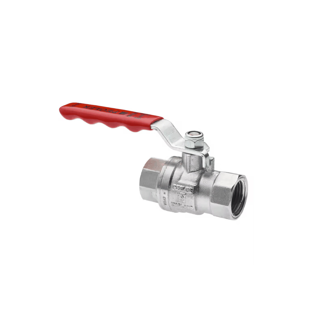 Pegler PB100 full bore brass ball valve with red lever handle, PN25 pressure rating, threaded ends, suitable for water, air, and oil systems.